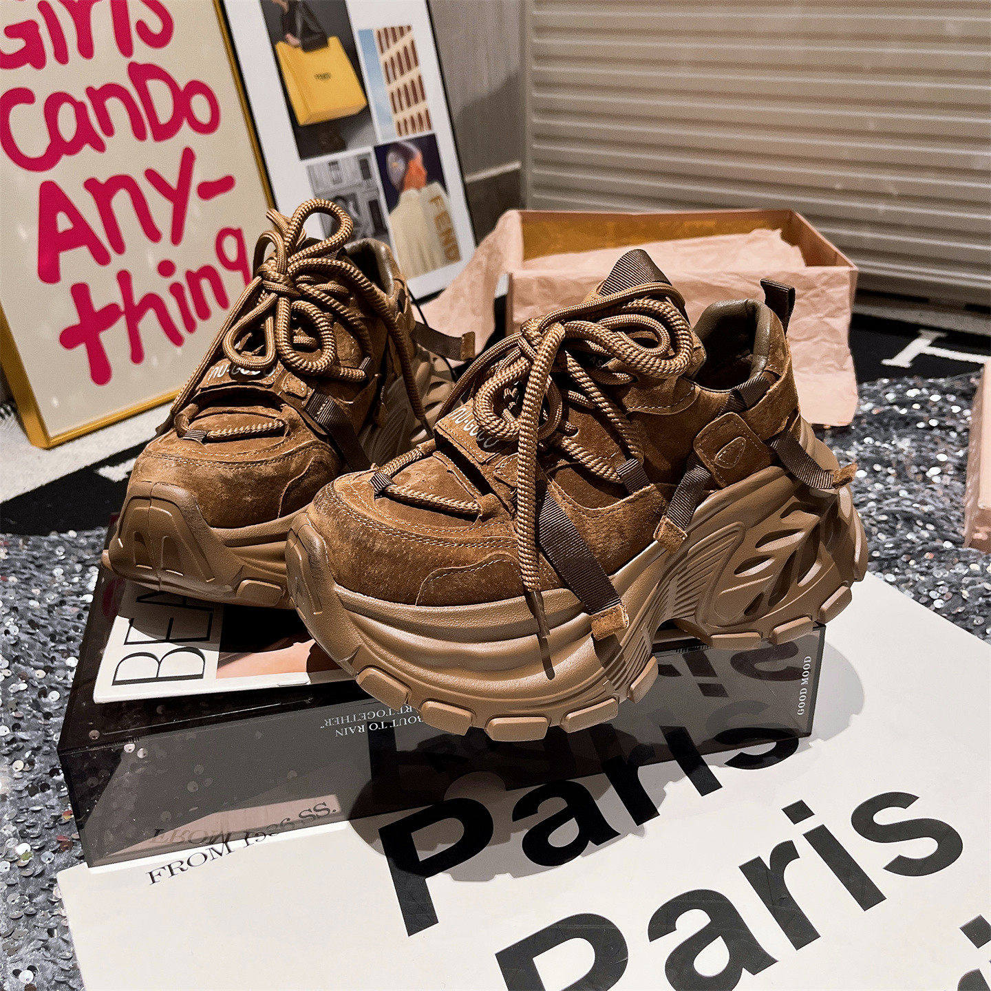 牛皮版~美拉德复古真皮系带厚底松糕小个子超高跟老爹鞋运动鞋女,女鞋,老爹鞋,淘宝优惠券,粉丝福利购,淘宝优惠卷