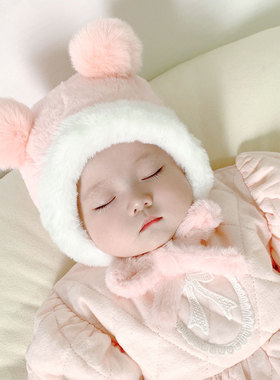 婴儿帽子秋冬婴幼儿超萌可爱球球护耳帽冬季保暖系带宝宝套头帽潮