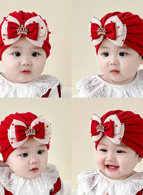 秋冬季婴儿帽子皇冠蝴蝶结女宝宝胎帽小月龄婴幼儿童护囟门印度帽