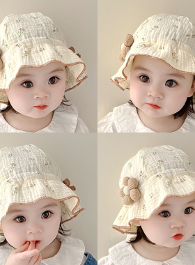 春夏季婴儿帽子棉纱透气女宝宝花朵盆帽婴幼儿童渔夫帽防晒遮阳帽
