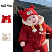 秋冬季 婴儿帽子男女宝宝新年红色醒狮胎帽婴幼儿保暖套头帽护耳帽