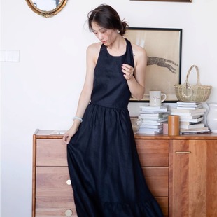 亚麻挂脖露背碎花小玫瑰中场连衣裙小清新浪漫