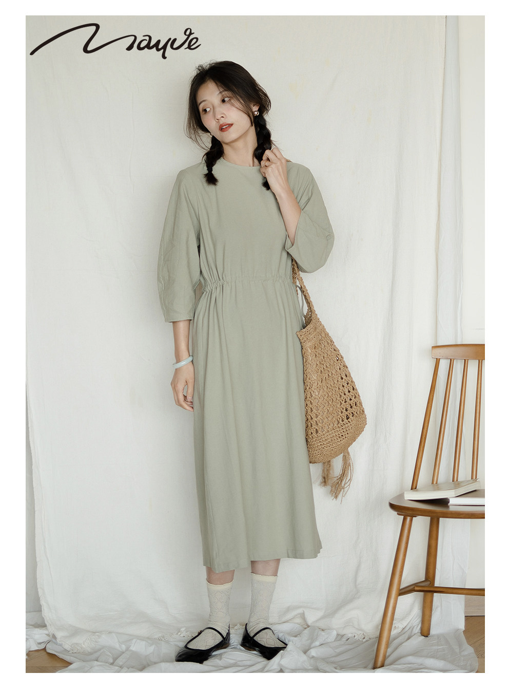 mauve studio 日系 绿豆色纯棉抽绳收腰显瘦中袖连衣裙 夏季