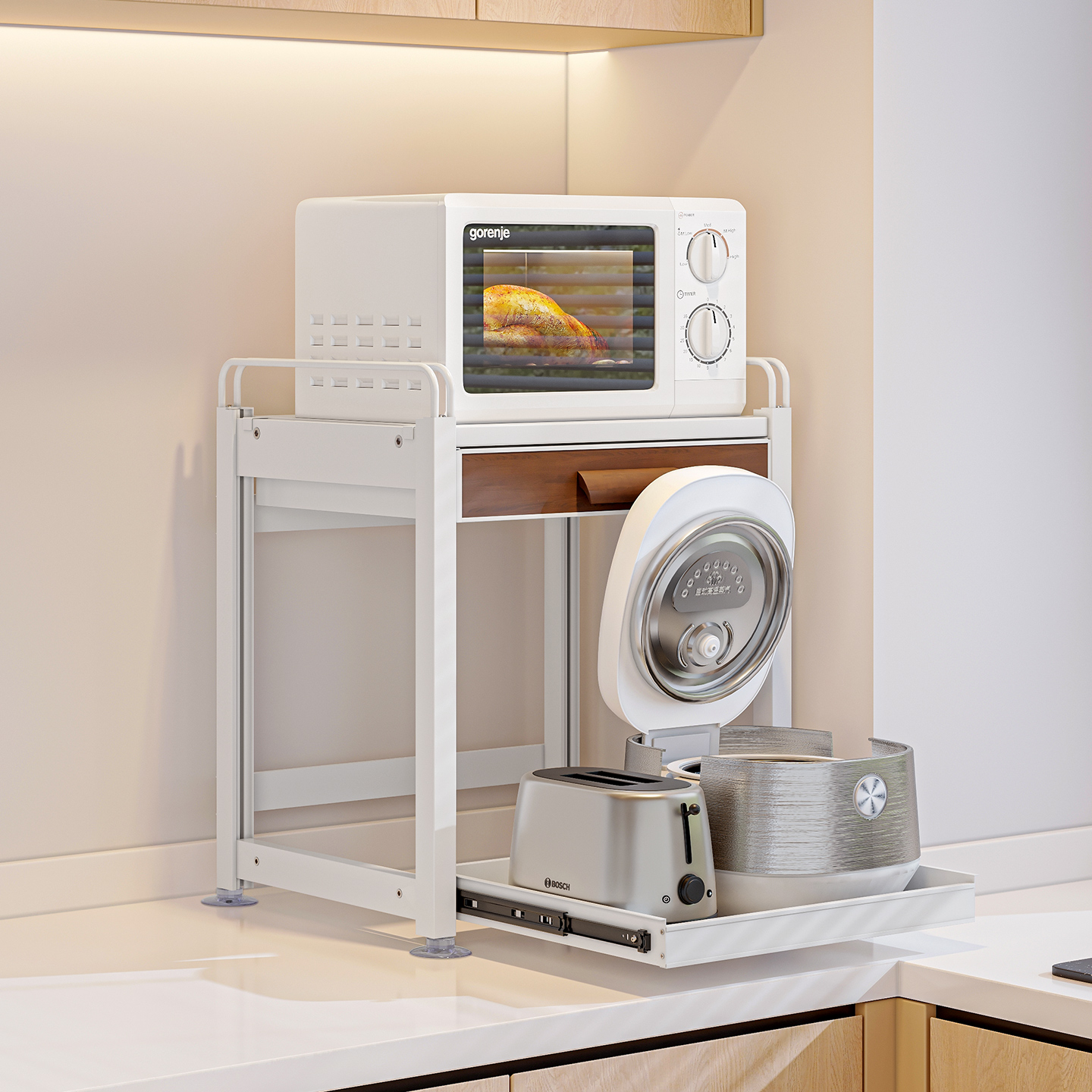 厨房电饭煲置物架家用抽拉式微波炉烤箱空气炸锅小电器分层收纳架