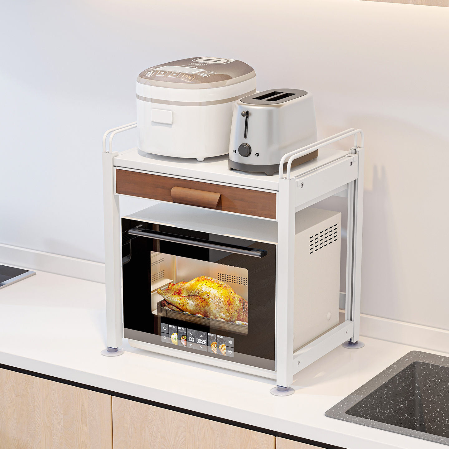 厨房微波炉置物架带抽屉家用台面收纳放电器蒸烤箱电饭煲分层架子