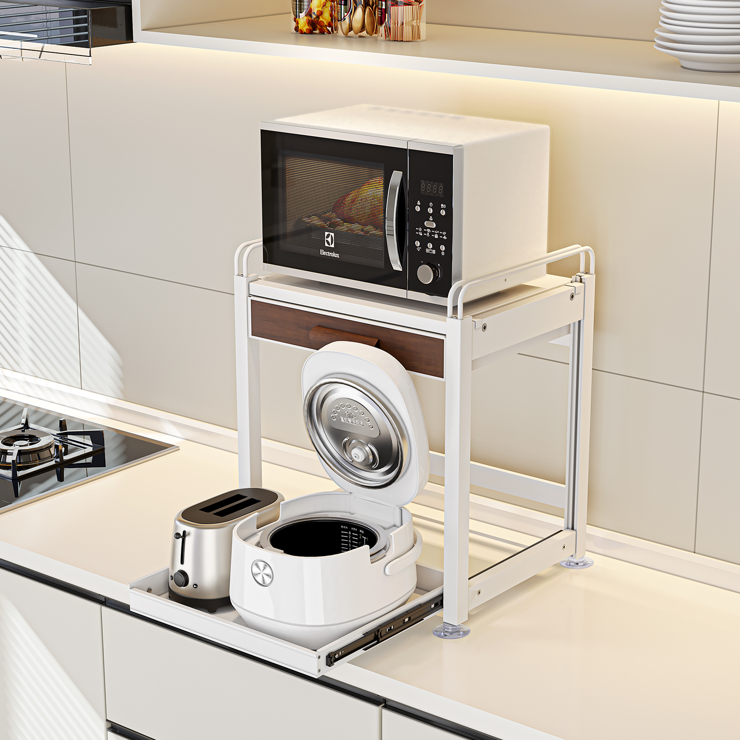 抽拉式厨房微波炉置物架烤箱台面架子多功能带抽屉电饭煲收纳架子