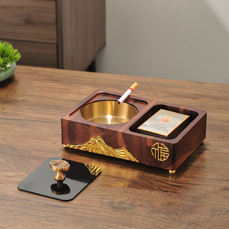 新中式实木简约烟灰缸带盖大号创意个性潮流家用客厅防飞灰高级感
