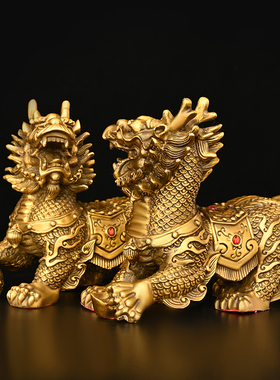 铜麒麟摆件一对纯铜吉祥