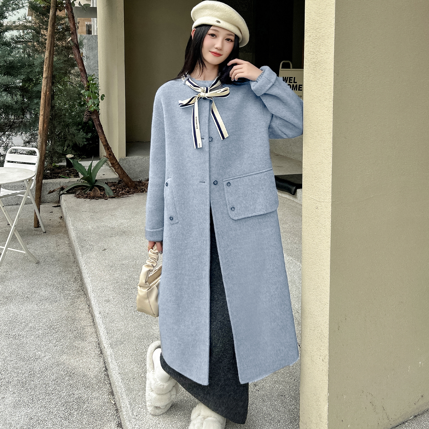 韩版双面羊绒大衣中女长款宽松