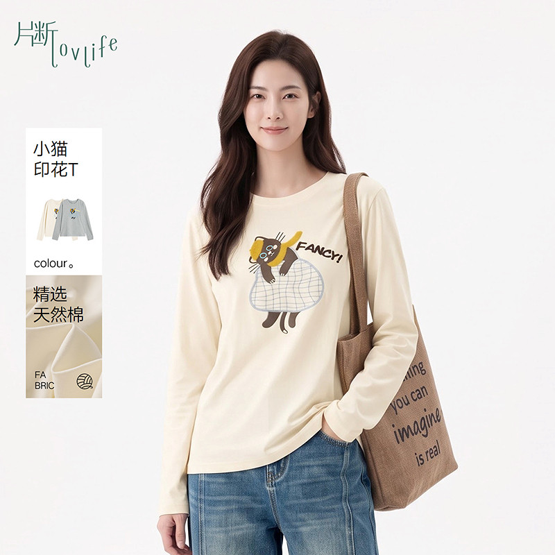 片断T恤女冬季新款长袖休闲简约刺绣小猫设计百搭正肩上衣图片