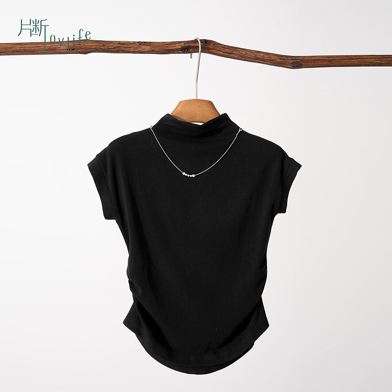 片断T恤女春新款圆领短袖减龄褶皱收腰设计感小众修身上衣