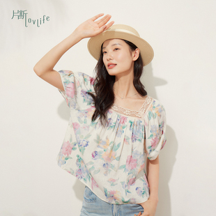 片断夏季 新款 系带花朵印花减龄方领法式 温柔风蕾丝小衫