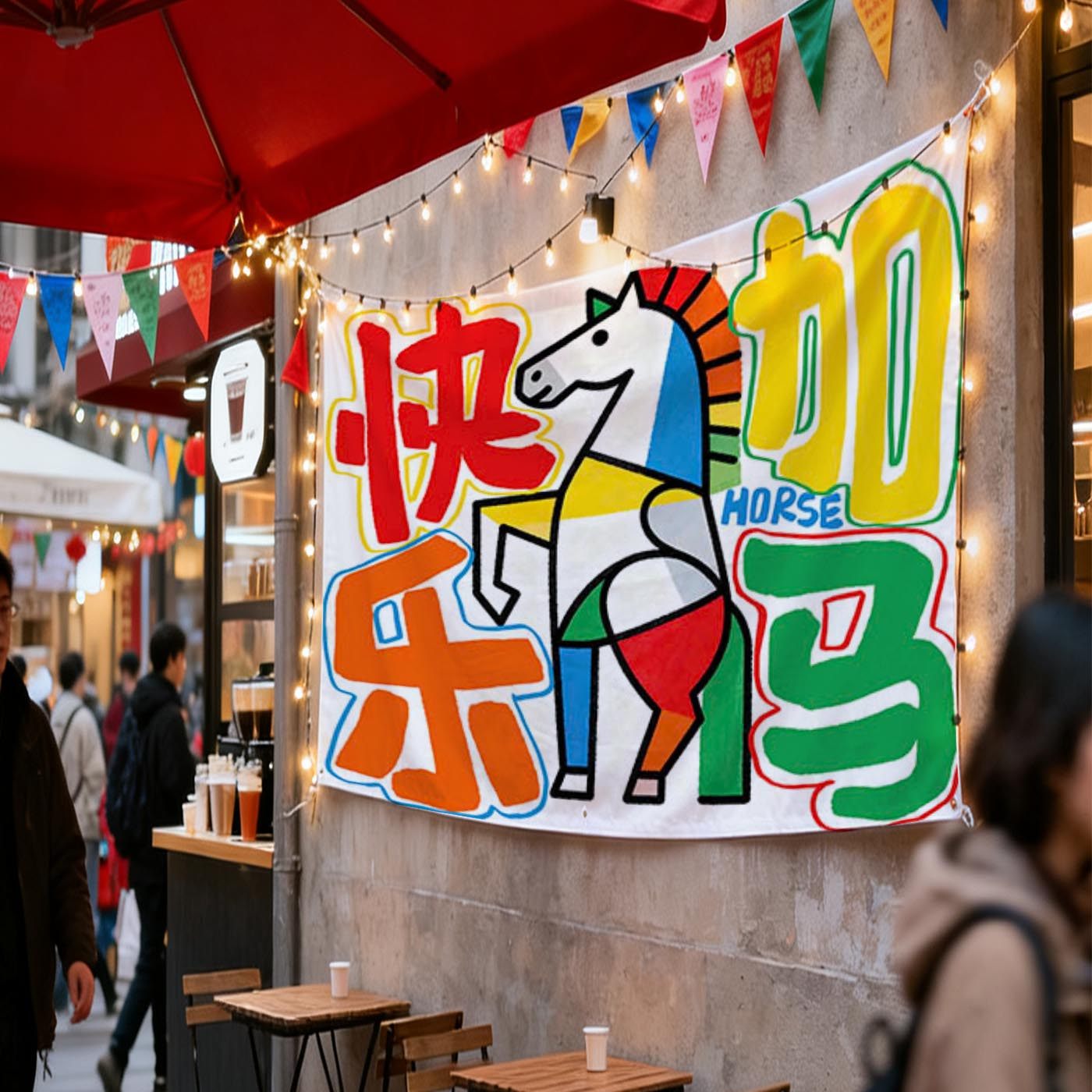 九慕原创多巴胺快乐加马创意新年挂布咖啡馆民宿墙面氛围装饰背景