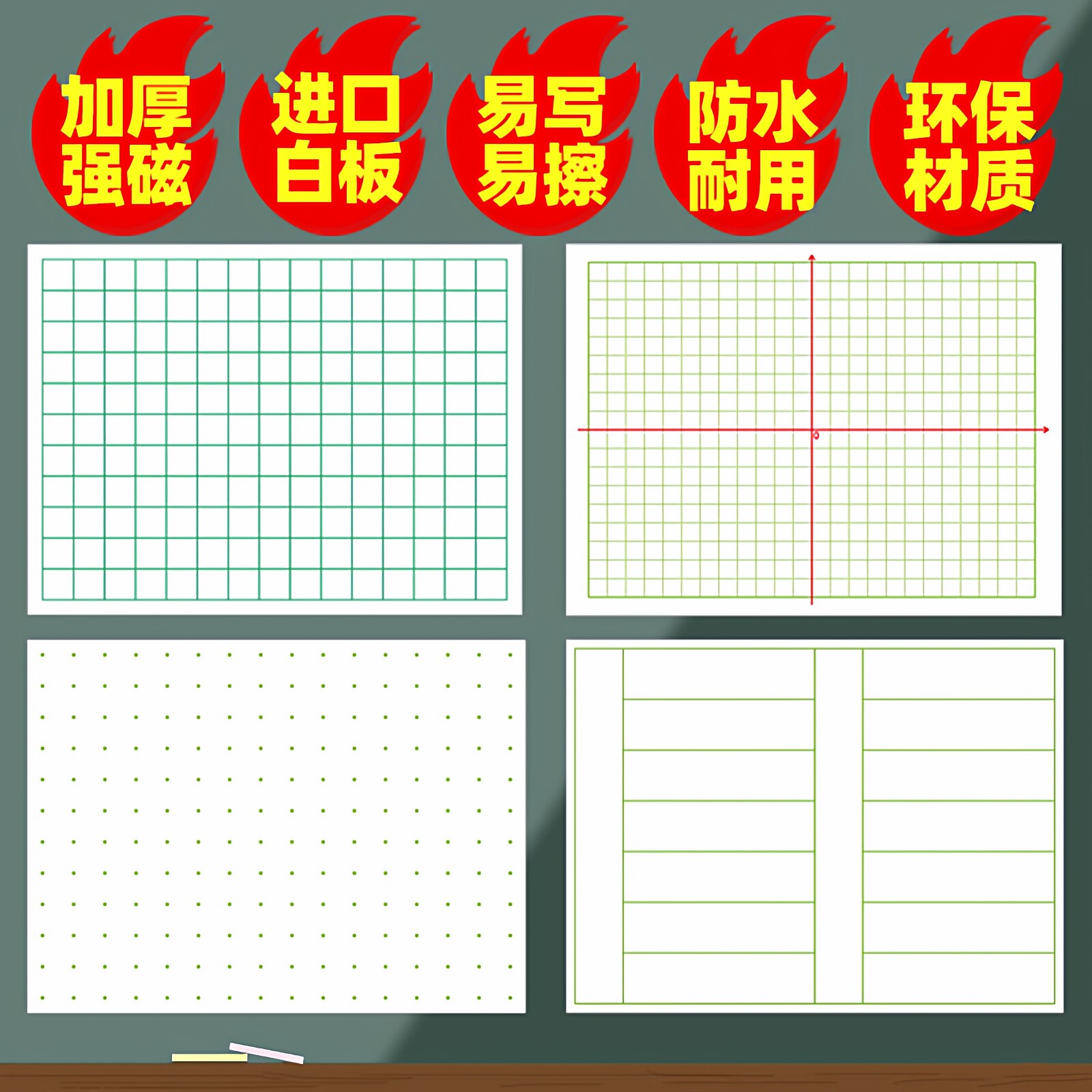 【白板写擦洗不留痕】磁性5X5小方格白板贴XY坐标函数格磁贴数学算术格软磁条折线平移统计图黑板贴白点子图