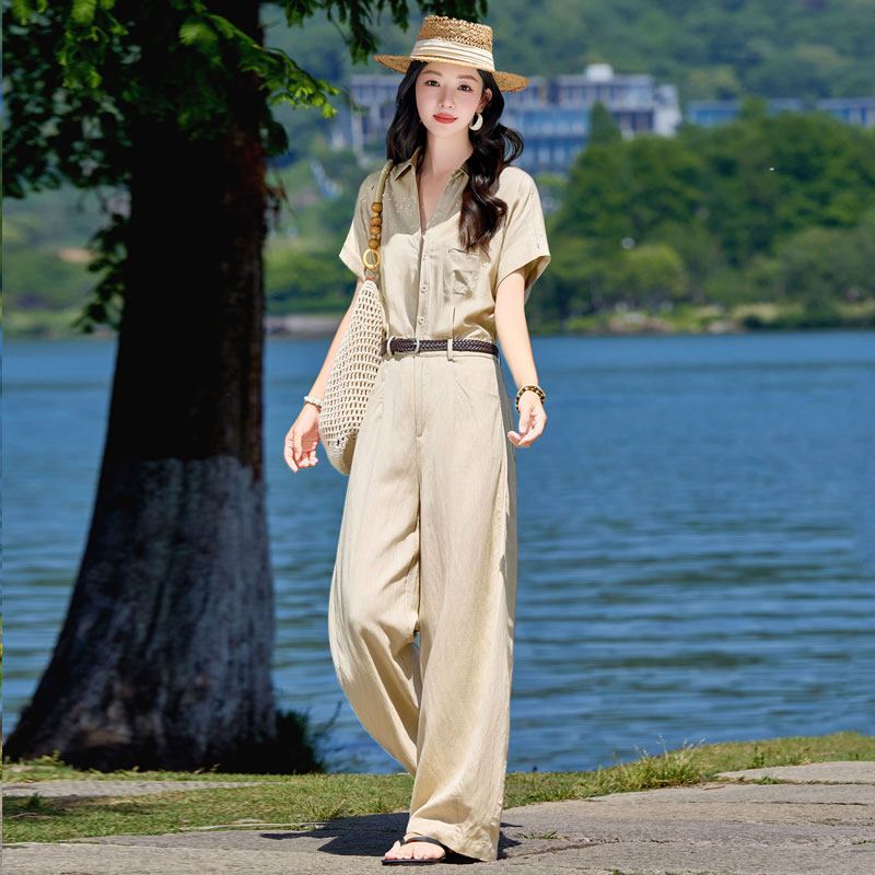 老钱风天丝亚麻连体裤套装女夏季图片