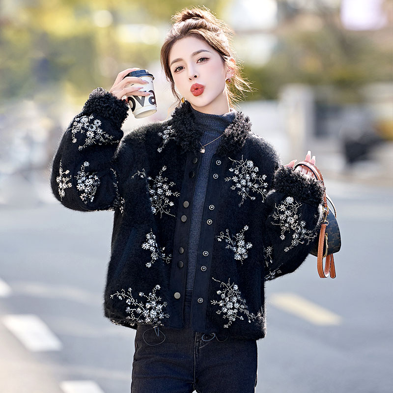 冬季重工亮片兔毛加棉棉衣外套女