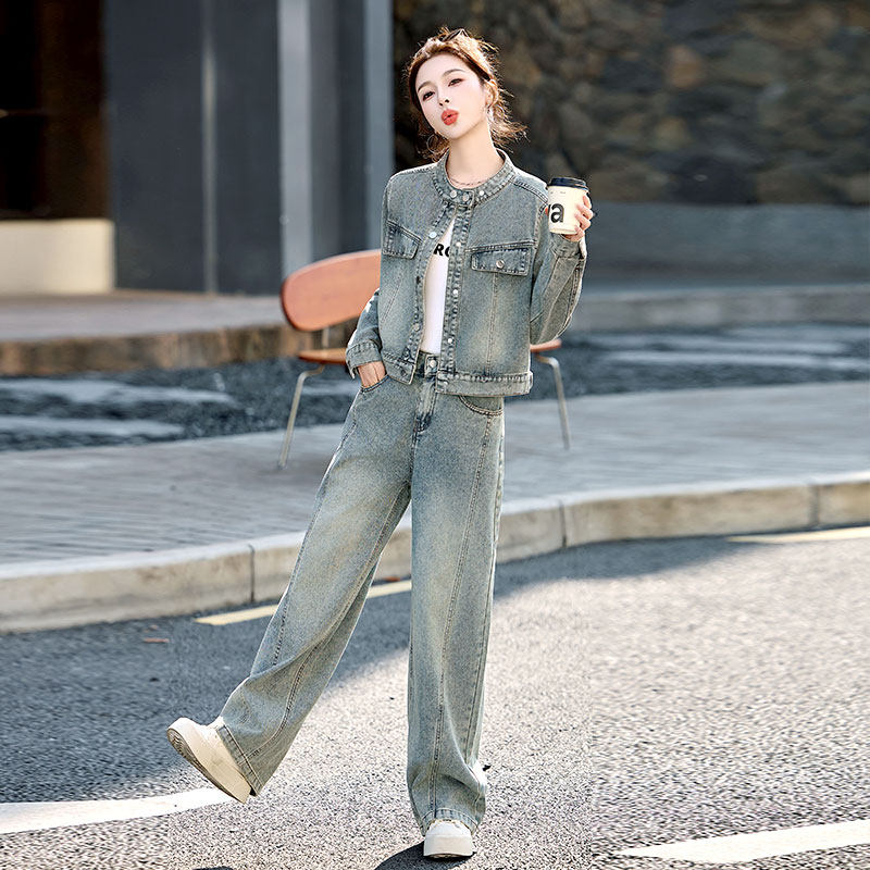复古牛仔套装阔腿裤两件套女春装2026新款今年流行爆款搭配一整套
