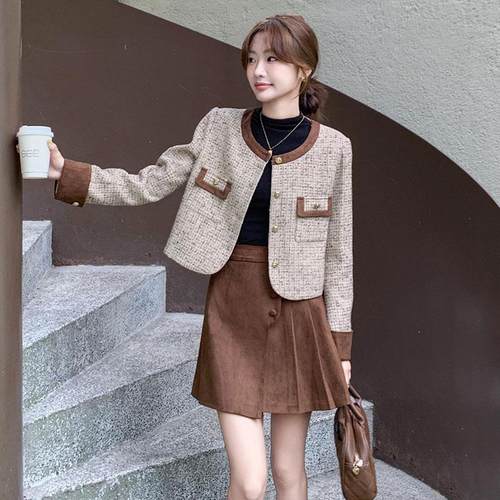 小香风粗花呢外套鹿皮绒短裙套装