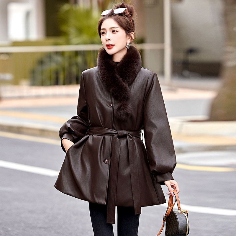 PU皮衣免洗90白鸭绒羽绒服中长款