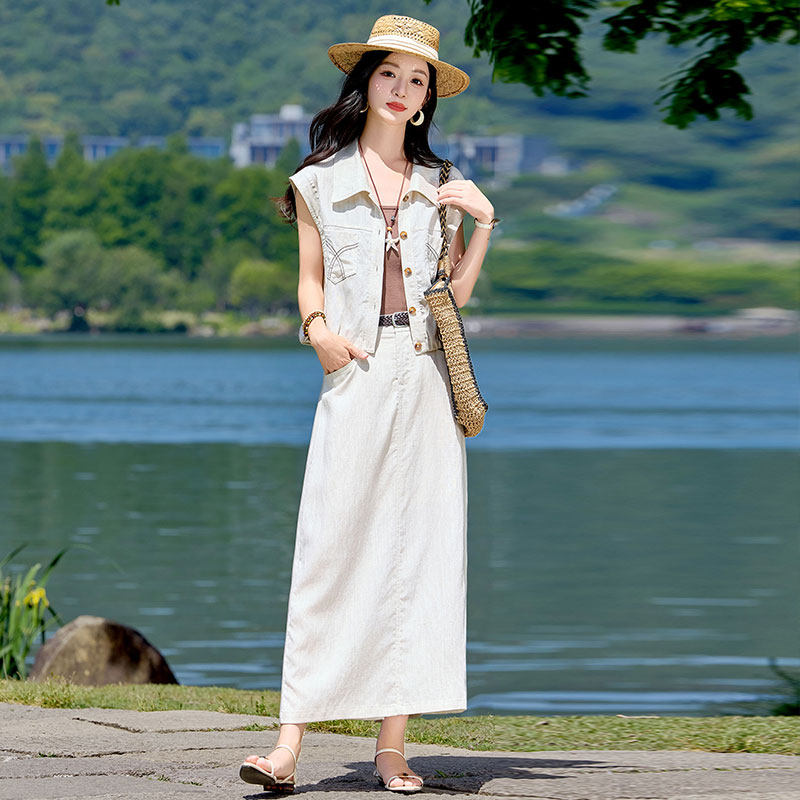 天丝亚麻女高端棉麻套装马甲半身裙两件套2026超火夏装一整套裙子