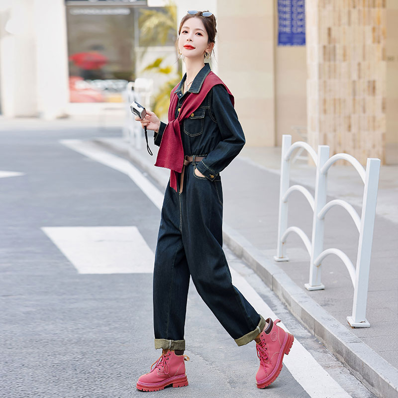 安哥拉红色披肩牛仔连体裤2025新款工装连体衣女春秋套装小个子潮