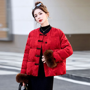 新中式中国风红色盘扣羽绒服外套女短款2025新款轻奢高级感小个子