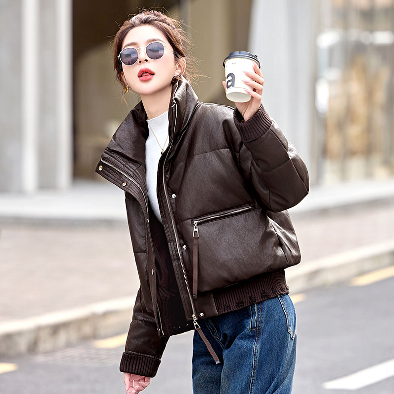 2025新款PU皮针织拼接女羽绒服