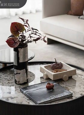 现代轻奢黄洞石装饰盘茶几摆设