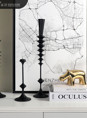 现代极简样板间客厅玄关餐厅桌面黑色层叠蜡烛台组合摆件软装饰品