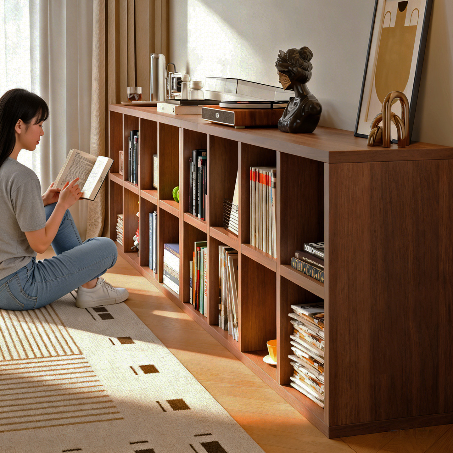 实木书架落地置物架千年舟组合格子柜幼儿园书柜客厅简易收纳柜子