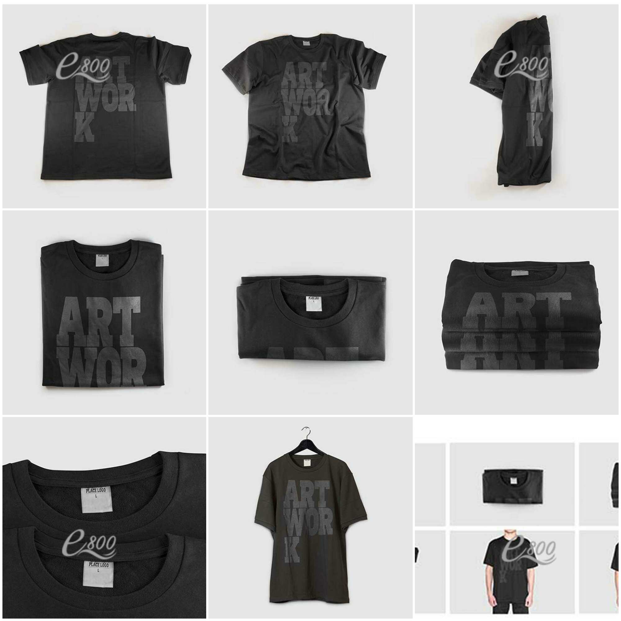 黑色男装宽松短袖t恤衫服装衣架悬挂效果图vi智能图层ps样机素材