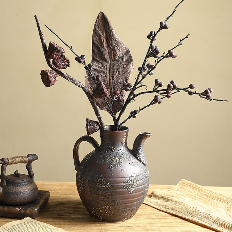 枯树枝浆果荷叶莲蓬复古造景粗陶花瓶插花侘寂风仿真花艺摆件装饰