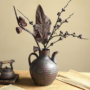 枯树枝浆果荷叶莲蓬复古造景粗陶花瓶插花侘寂风仿真花艺摆件装饰