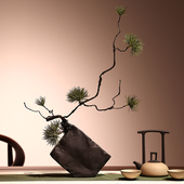 迎客松针仿真绿植枯藤树枝盆景崖柏陶瓷花瓶套装 禅意茶室花艺装 饰