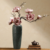 禅意古典仿真花造型玉兰花树枝假花花瓶装 饰绢花落地花卉干花摆件