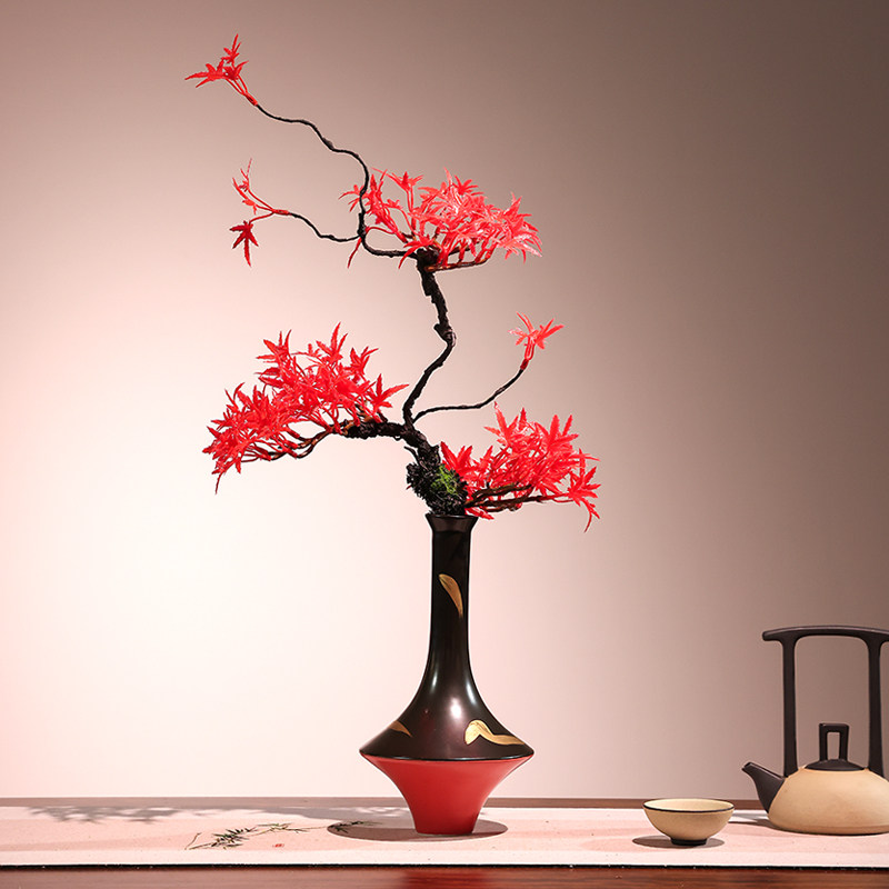 进门玄关枫叶迎客松枝陶瓷花瓶套装摆件入户客厅茶室禅意装饰假花