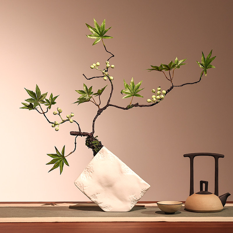 秋枫叶仿真花禅意造景中古风枯枝枫叶带浆果枝假花枝茶室干花摆件图片
