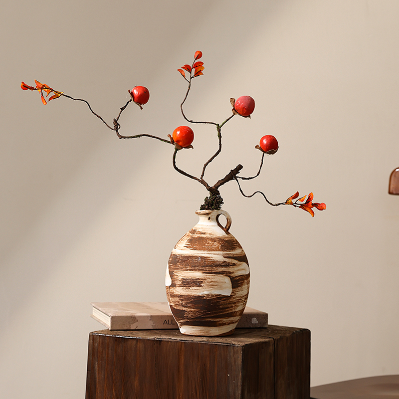 中式造型枯枝仿真柿子石榴套装酒店民宿茶室禅意造景客厅摆件假花