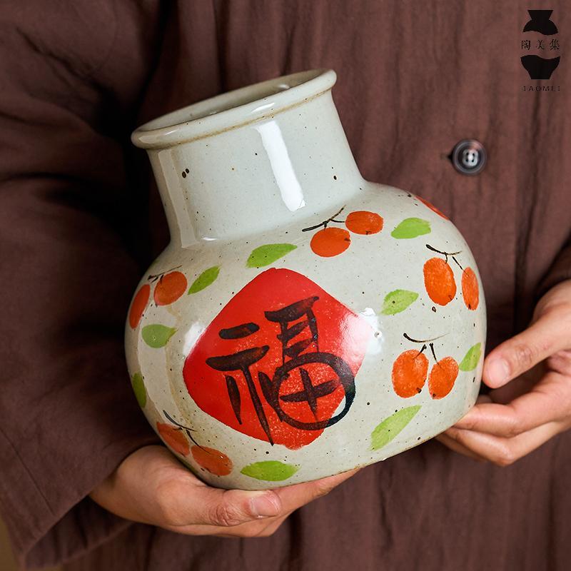 景德镇粗陶福双囍花瓶中式复古新年乔迁送礼礼品电视柜玄关插花器