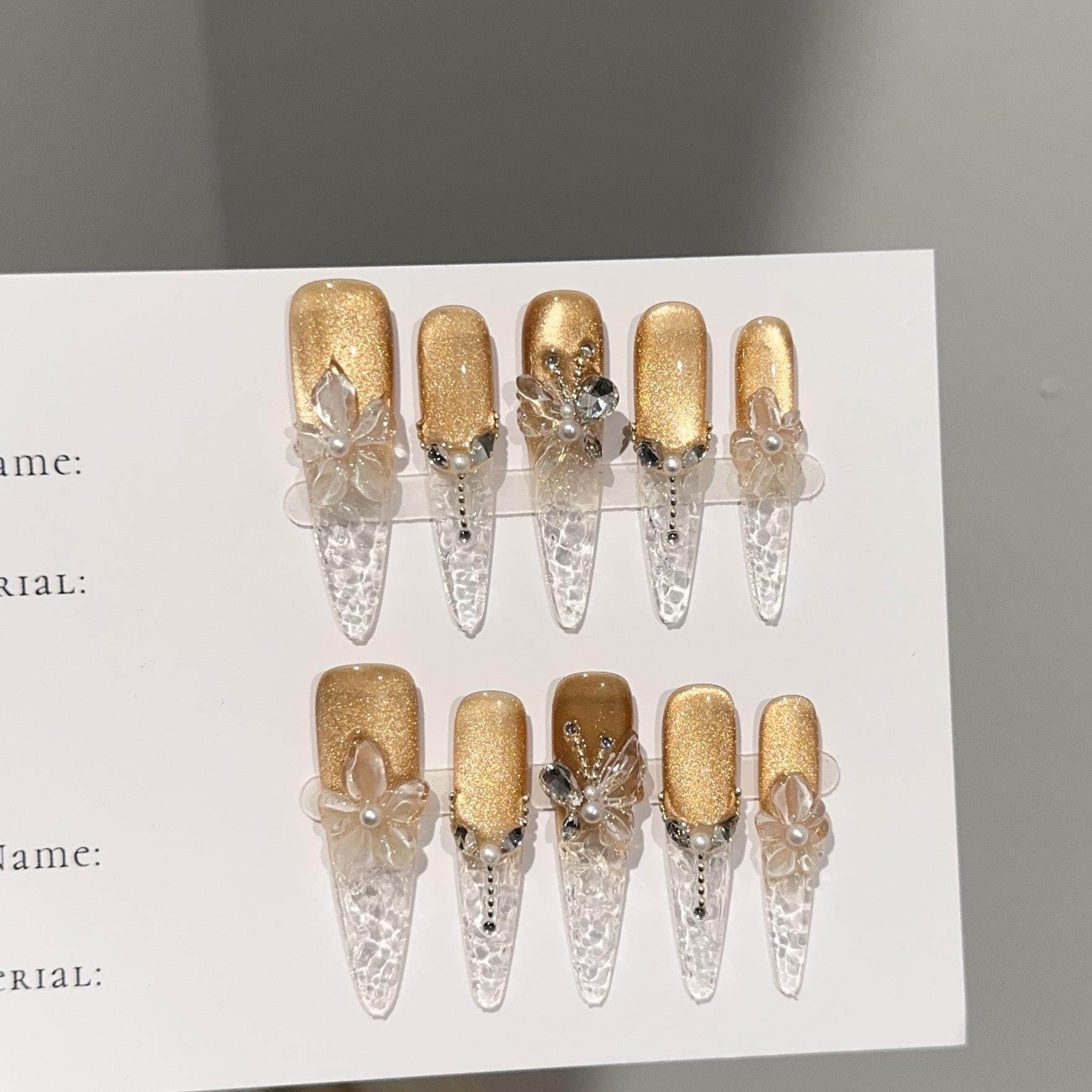 纯手工穿戴甲高级秋冬金色猫眼长款美甲片雕花立体蝴蝶假指甲贴片,收纳整理,指甲油收纳盒,淘宝优惠券,粉丝福利购,淘宝优惠卷