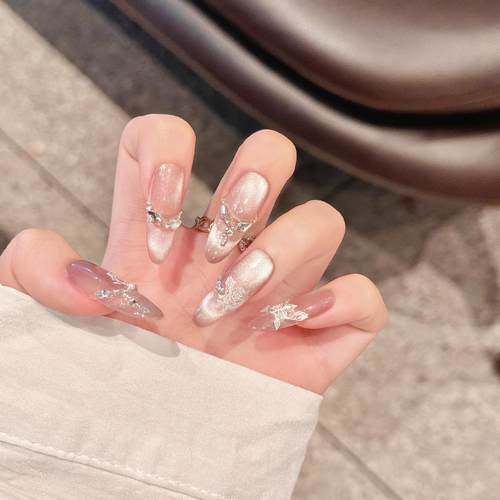 艺禾水镜猫眼纯手工穿戴甲渐变光疗穿戴夏日新款冰透猫眼高级美甲