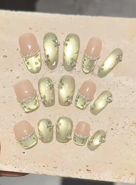 纯手工穿戴美甲绿色重工手绘花猫眼清新高级显白甲片