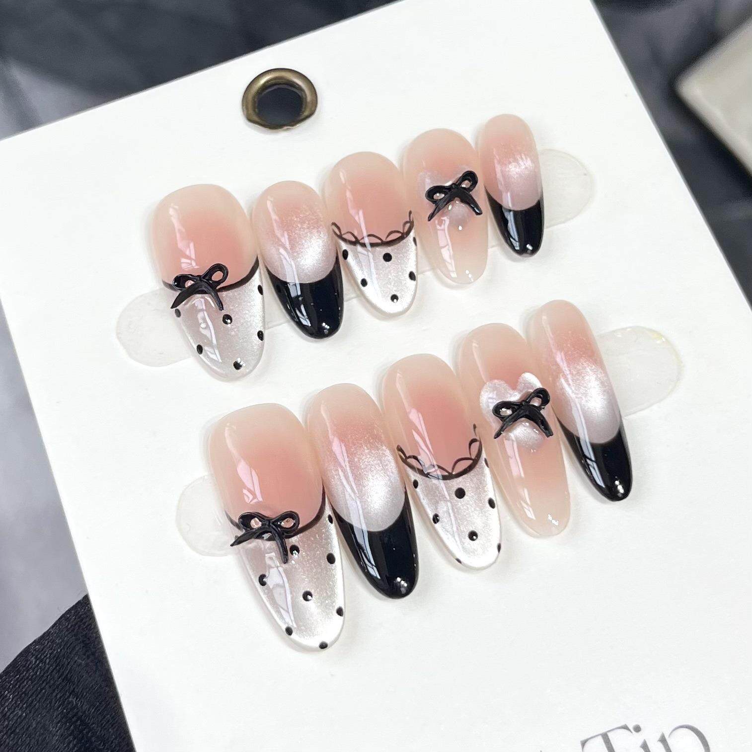 芭蕾甜心 纯手工光疗穿戴甲手绘猫眼蕾丝边法式波点穿戴甲美甲贴