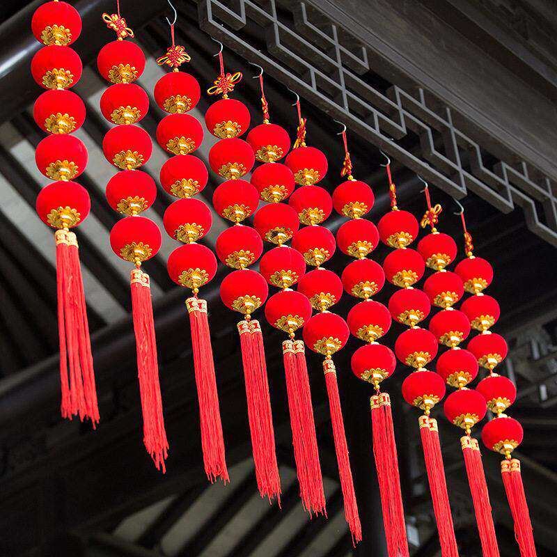 节日小灯笼新款喜迎新春马年装饰红色连串挂饰室内布置挂件植绒布