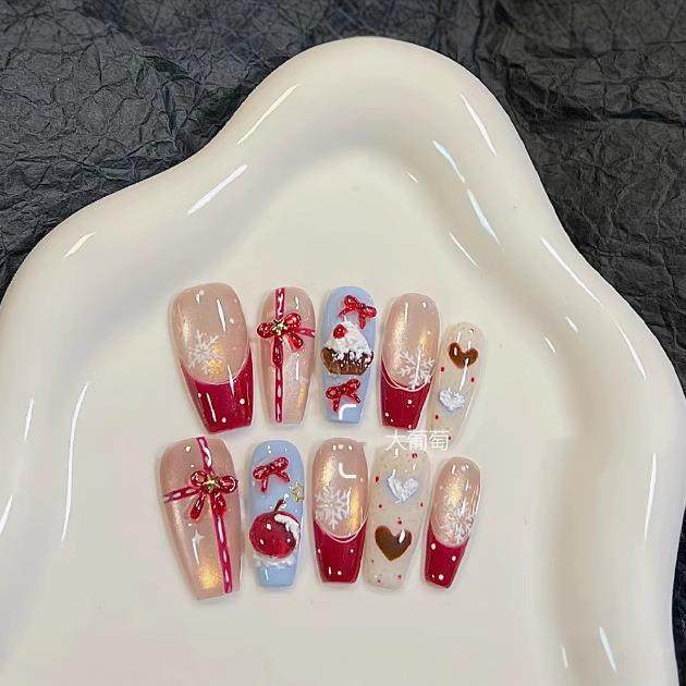 纯手工【平安夜】圣诞红色猫眼苹果立体蝴蝶结氛围感穿戴甲,收纳整理,指甲油收纳盒,淘宝优惠券,粉丝福利购,淘宝优惠卷