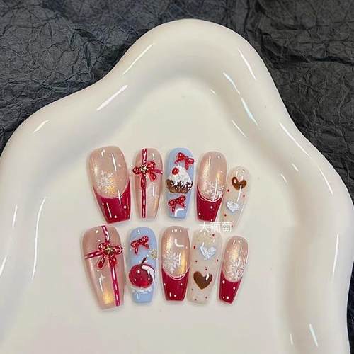 纯手工【平安夜】圣诞红色猫眼苹果立体蝴蝶结氛围感穿戴甲