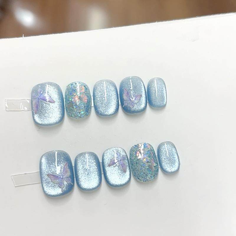 【冰晶蝴蝶兰】纯手工穿戴甲美甲假指甲蓝色蝴蝶猫眼爆闪甜酷显白