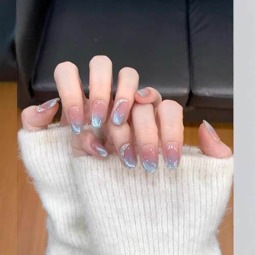 手工穿戴甲夏日新款冰透海水蓝渐变猫眼镶钻爆闪高级感显白美甲贴