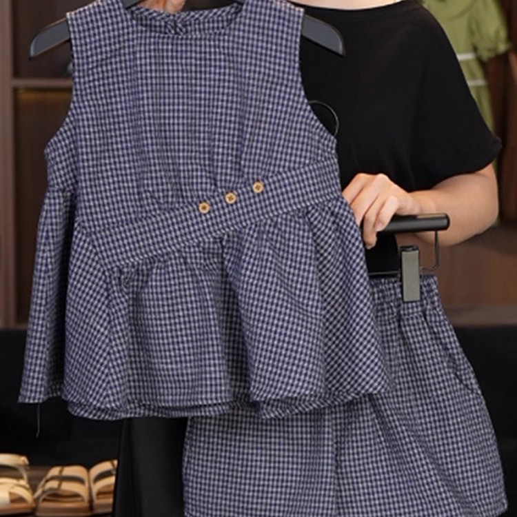 女童夏季套装2025新款潮儿童休闲夏装女孩格子背心短裤两件套洋气
