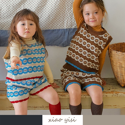 25儿童复古花朵毛线针织背心套装